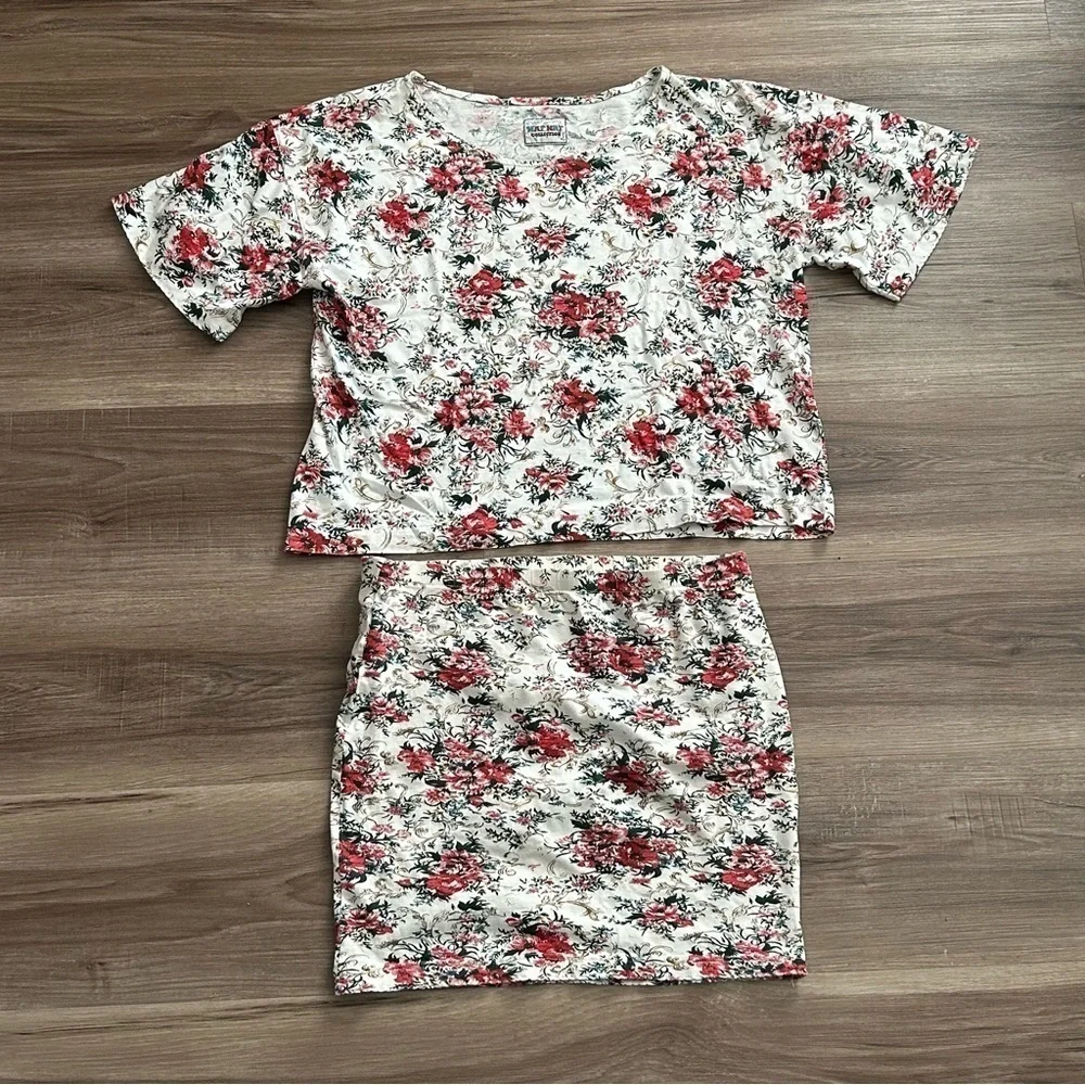 NAF NAF COLLECTION Vintage White Red Floral Skirt Crop Top Set Women Size Medium - Picture 1 of 9